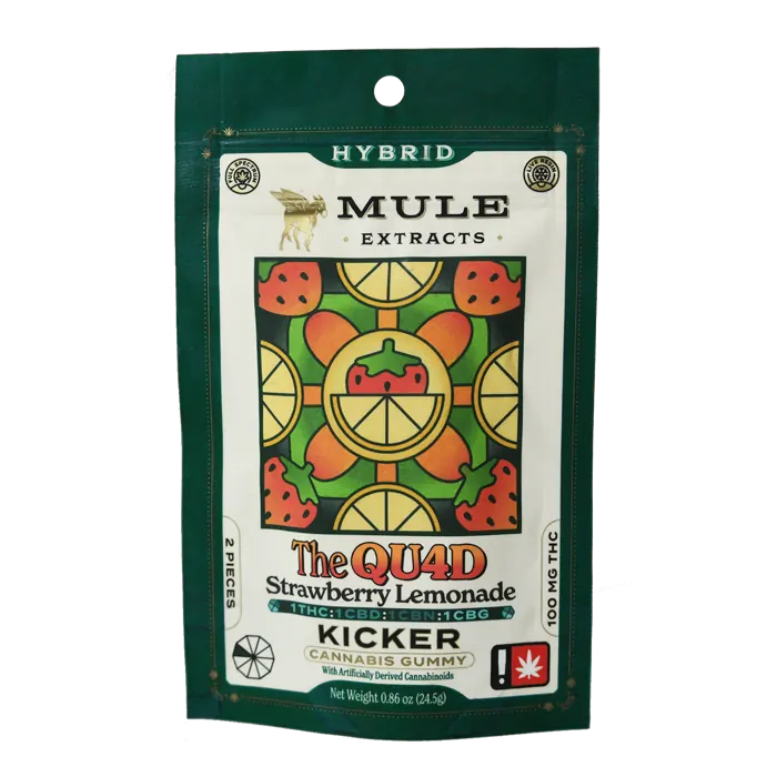 The QU4D Strawberry Lemonade Kicker gummy pouch